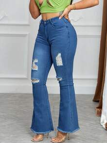 Jeans acampanados con roturas de talle medio para mujeres - Denim elástico con bajo deshilachado, estilo vintage lavado clásico, uso cotidiano con un toque de rebeldía