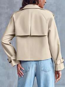 Women Cropped Jacket Double Breasted Trench Coat Raglan Sleeve Work Office Coat With Pockets - Light Khaki - View 5