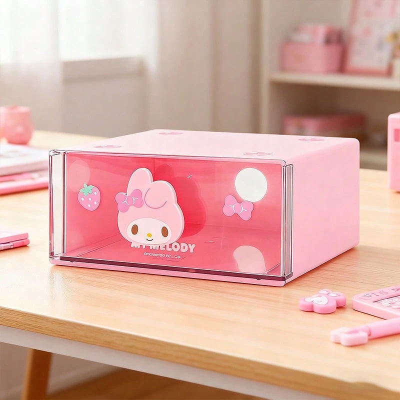 Miniso Sanrio Characters Series Single - Layer Drawer Box With Doll Handle, Transparent Plastic Material, Convenient For Item Classification And Storage, Perfect For Desk Stationery/Jewelry Organization(1 PC) - Pink - View 1