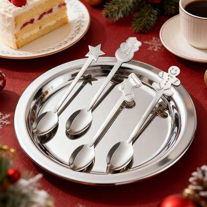 4/8pcs Christmas Themed Stainless Steel Coffee Spoon, Dessert Spoon, Ice Cream Spoon, Mixing Spoon - Polished Flatware, Suitable For Holiday Dining And Entertainment, Cute Handles, Silver Color