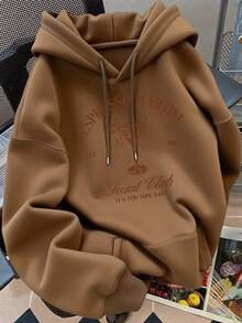 Sudadera con capucha y bolsillos tipo canguro para mujer con estampado de cóctel y monograma suelta, informal y cómoda para llevar a diario - Marrón - Ver 2