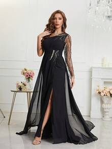 水晶装饰长袖开衩肩带连衣裙 - 黑色 - 查看 4