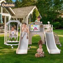 12-In-1 Dual Slide Toddler Swing Set With Basketball Hoop & Music Player, Indoor Outdoor Baby Playground For Ages 1-3 With Telescope, Climber And Tunnel, White - trắng - Xem 8