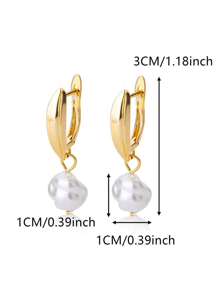 1pair Simple & Elegant Baroque & Asymmetrical Natural Freshwater Faux Pearl Pendant Earrings, Suitable For Women's Daily Wear