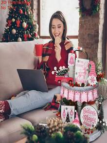 16 件粉色圣诞木制雪人托盘套装收纳装饰 - 相信季节驯鹿雪花铃铛艺术品，矮人卡车鹿松树 - 室内/室外桌子中心装饰，家居装饰，节日派对墙壁窗户阳台花园装饰，送给朋友的最佳礼物（不含托盘） - 查看 4