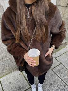 Vaiaye Women's Autumn/Winter New Christmas Edition Mid-Length Fashion Faux-Fur Coat With Thick Plush Collar & Lining – Fluffy Warm Outerwear - Brown - View 7