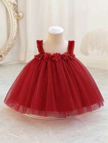 女婴酒红色3D立体花朵吊带薄纱连衣裙，圣诞派对优雅礼服，公主裙，适合一周岁生日、婚礼、派对、礼物、花童等场合，四季皆宜 - 酒紅色 - 查看 5