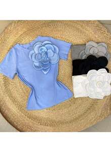 Camiseta com flro Algodão importado femininas modas LF23376  Simples    Rosa 3d  Assimétrico