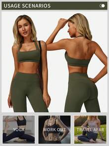 MFVIM 2 件套女式无袖露背吊带上衣和高腰喇叭裤健身服，夏季 - 軍綠色 - 查看 7