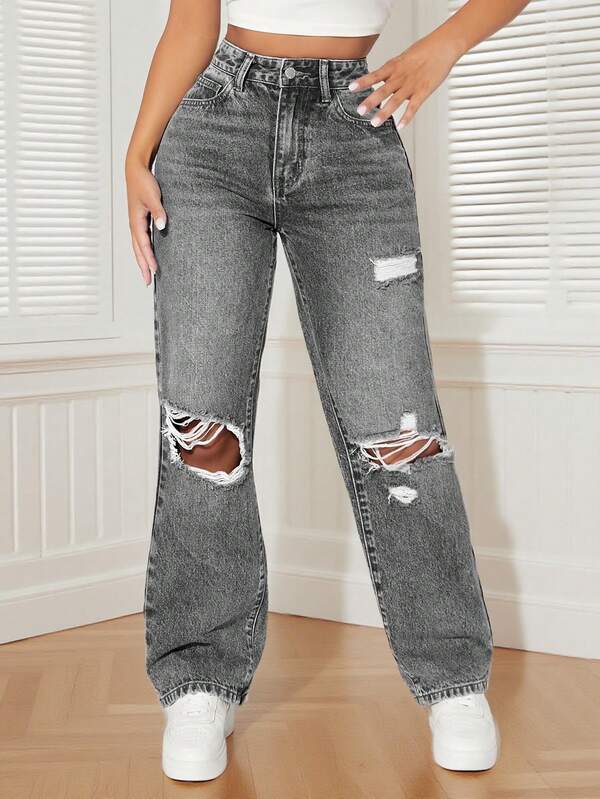 Autumn/Winter Women's Casual Washed Outfit Denim Pants With Pockets And Ripped Holes For Women Fashion Halloween Costumes