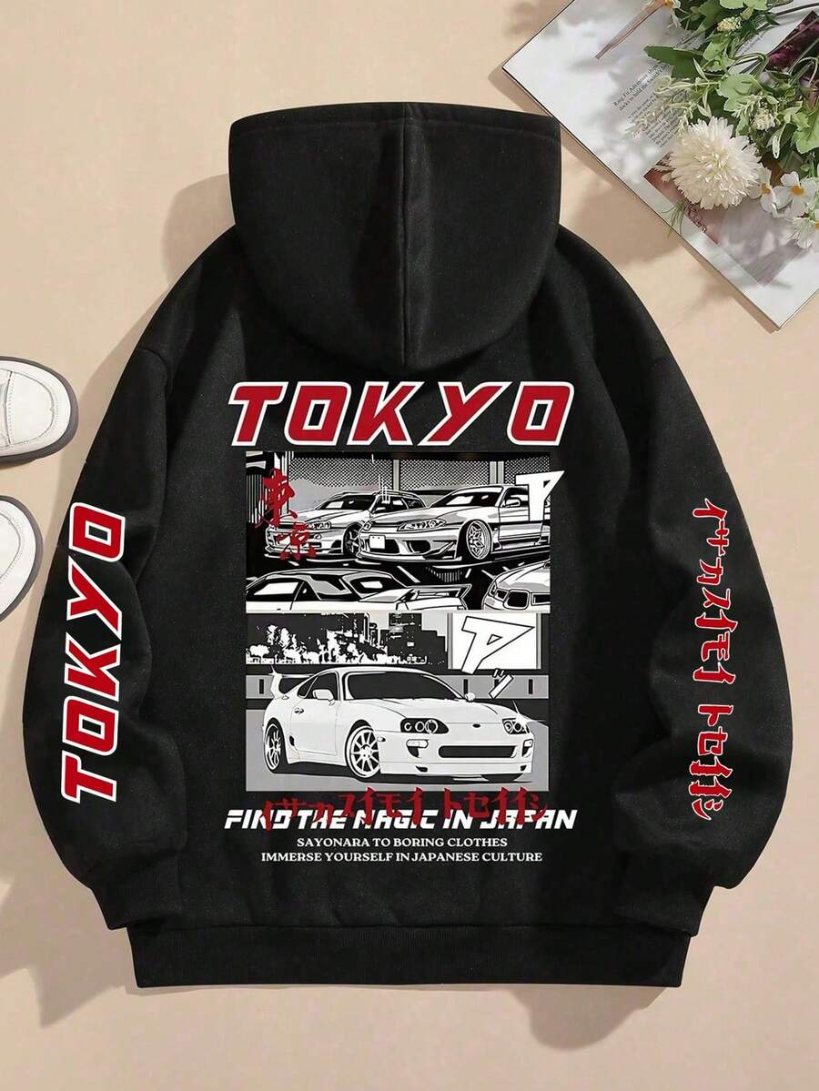 女士休闲连帽衫，印有嘴唇和字母图案，长袖，圆领，袋鼠式口袋带抽绳，冬季运动连帽衫