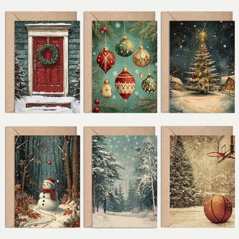 1/6pcs 10*14.5mm Retro Christmas Cards Set – Modern Holiday Greeting Cards With Envelopes, Vintage Tree Design Xmas Card Pack- For Loved Ones, Friends And Family Greeting Card Gift For Her Friend Daughter Mother Kids Gift