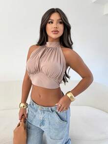 Cropped Top Balloon Neck Tie Suplex Sensual Elegant Blouse - 卡其色 - 查看 6