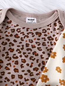 DILAVEL 3件套新生儿秋冬长袖连体衣套装，刺绣花卉图案，豹纹印花，圆领设计，适合户外穿着 - 米色 - 查看 6