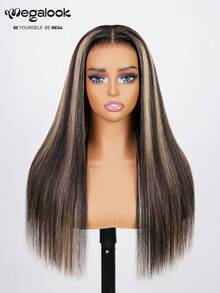 MEGALOOK 200%密度蕾丝闭合假发，预先拔毛的发际线，透明蕾丝，漂白发结，自然黑色直发，夹式蕾丝闭合假发，无需胶水的真人发假发 - 間色和鋼琴色 - 查看 5