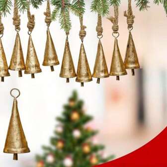 9件乡村风格黄铜圣诞铃铛 - 做旧金色牛铃，配有悬挂麻绳，适合节日装饰。非常适合圣诞节、复活节、感恩节等节日。也是圣诞节装饰的理想选择。