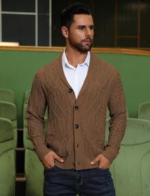 URRU Mens Shawl Collar Cardigan Sweater Casual Slim Fit Button Down Cable Long Sleeve Knitted Sweater With Pockets - 棕色 - 查看 2