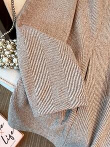 Plus Size Women Herringbone Pattern Woolen Fabric Stand Collar Single-Breasted Long Sleeve Mid-Length Blazer Jacket, Suitable For Commuting, Daily Wear, Dates, Airport In Autumn/Winter - Brown - View 9