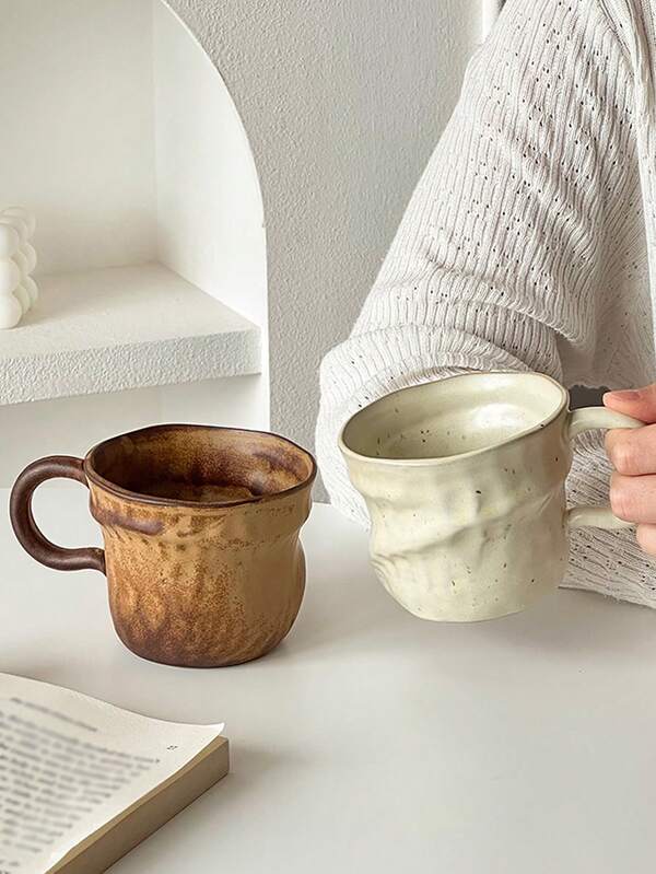 1pc Vintage Thick Pottery Kiln-Fired Glaze Ceramic Mug, Unique Shaped Coffee/Latte/Pour Over Cup