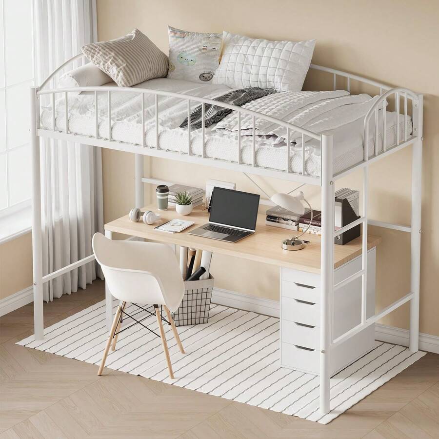 Meiyiu Loft Bed Twin Size With Ladder And High-Arched Guardrail, Sturdy Metal Slats, Space-Saving Design, Modern Decor Style, Easy Assembly, No Box Spring Needed, Sa-Fe For Kids/Adults - 白色 - 查看 1