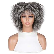 Tóc giả ngắn xoăn bằng sợi tổng hợp có mái, tóc giả xoăn xù kiểu Afro màu xám ombre, tóc giả dài ngang vai không cần keo dán dành cho người Mỹ gốc Phi. - Màu xám ombre - Xem 2