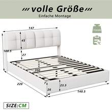 Bett 140x200,Stauraumbett, Gepolstertes Doppelbett , Polsterbett mit Bettkasten und Lattenrost, Jugendbett Funktionsbett Bettgestell Rückenlehne, Gepolstertes Doppelbett, Beige, Samt, Ohne Matratze - Beige - Übersicht 3