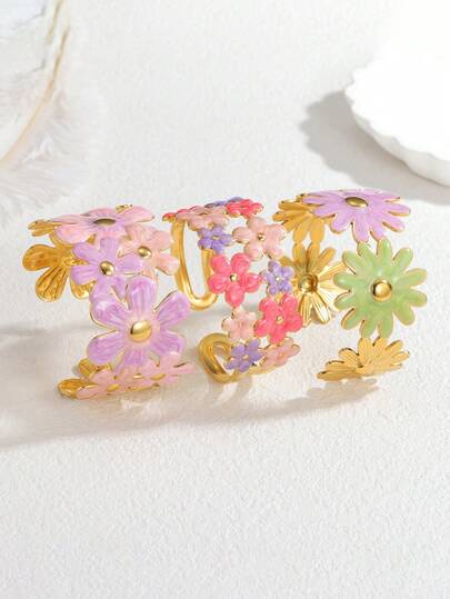 سوار قابل للتعديل من الفولاذ المقاوم للصدأ المطلي بالذهب عيار 18 قيراط، مزين بزهور عباد الشمس متعددة الألوان من المينا، تصميم بوهيمي أنيق وعذب كهدية للنساء