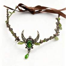 1pc Retro Elegant Tiara For Women Metal Crystal Forest Branch Hair Band Decor Handmade Forest Woodland Elf Hair Tiara Butterfly Deer Twig, Halloween - 綠色 - 查看 2