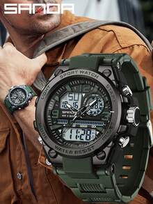 SANDA. 男士手表顶级双显防水运动手表军用男士闹钟秒表石英腕表男式 LED 数字时钟 - 軍綠色 - 查看 6