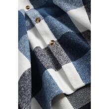 Men's Plaids Long Sleeve Button Down Lightweight Flannel Shacket Wool Blend Casual Shirt With Pockets, Vintage-Inspired Style - Màu xanh lam đậm kẻ sọc - Xem 4