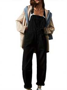 Women's Plain Denim Overalls Long Casual Sleeveless With Straps Button Pocket Zipper Details Medium Stretch Fabric For A Relaxed Fit - 黑色 - 查看 11