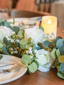 1pc 6FT Artificial Eucalyptus Garland With Flowers, 10 White Roses Baby Breath Garland Floral. Faux Floral Garland Greenery Garland For Wedding Spring Home Party Craft Art Table Runner Decor Fall Decor Table Decoration