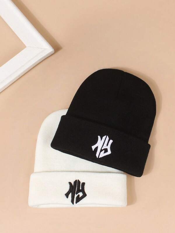 1pc Cuffed Letter Knit Beanie Hat, Unisex Warm Ear Protection Casual Embroidered Knitted Cap For Autumn/Winter