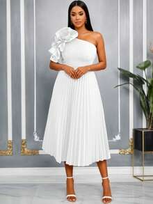 AOMEI White Elegant Pleated One-Shoulder Dress, Floral Pleated Party Dress, Sleeveless A-Line Evening Gown, Birthday Dress For Women - White - View 2