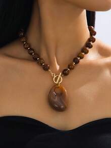 1 件波西米亚风格复古优雅串珠吊坠项链，适合女士，适合礼物、派对、宴会和日常佩戴 - 棕色 - 查看 7