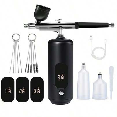 Bộ cọ phun khí LCD kèm máy nén khí, máy phun khí không dây 3 cấp áp suất kèm ống, súng phun khí cầm tay 38PSI dùng để vẽ tranh nghệ thuật, thợ cắt tóc, người mẫu, làm bánh