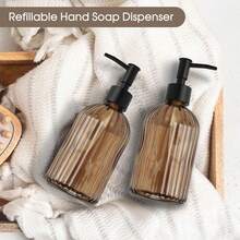 Stripe-Patterened Glass Soap Dispenser With Black Plastic Pump, 400ml Liquid Hand Soap Dispenser, Rustproof Pump For Kitchen & Bathroom, Great For Lotions, Essential Oil, Liquid Soaps-Amber - 茶色 - 查看 7