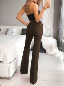 优雅高腰酒红色喇叭裤，通勤百搭 - 棕色 - 查看 5