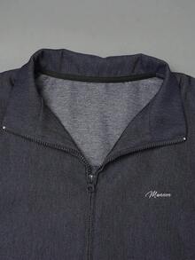 Lookun 刺繡字母純色復古男士夾克，時尚極簡日常通勤百搭拉鍊開襟衫，長袖翻領寬鬆版型春秋上衣 - 藏蓝色 - 查看 8