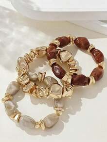 3pcs Vintage Multi-Layer Brown Acrylic Beaded Bracelet, Transformable Gold Chip Bracelet, For Women, Couples, Party, Daily Wear - Bộ 3 vòng tay E - Xem 2