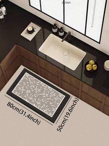 1pc Silica Gel Kitchen Mat With Plant & Floral Pattern, White Leaves & Flowers Decor On Light Gray Background, Elegant & Chic, Cushioned Anti-Fatigue Kitchen Carpet