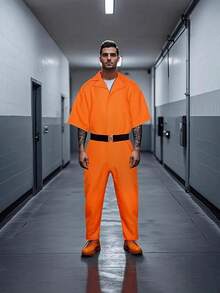 1 Set American Prison Uniform Jumpsuit, Orange Convict Costume For Halloween Cosplay - Orange - View 2