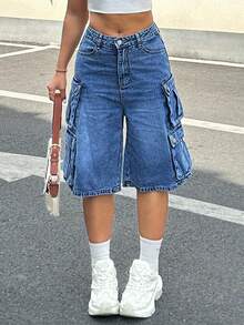 女式中蓝色牛仔裤 - 中腰宽松工装风格休闲街头日常牛仔裤 - 中等水洗藍 - 查看 8