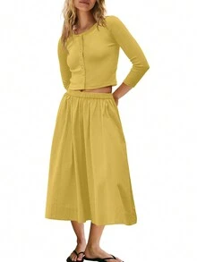 Women's Essential Casual Lightweight Three-Quarter Sleeve Knit Cardigan Elastic Waist Skirt Matching Two-Piece Set - Màu vàng - Xem 1