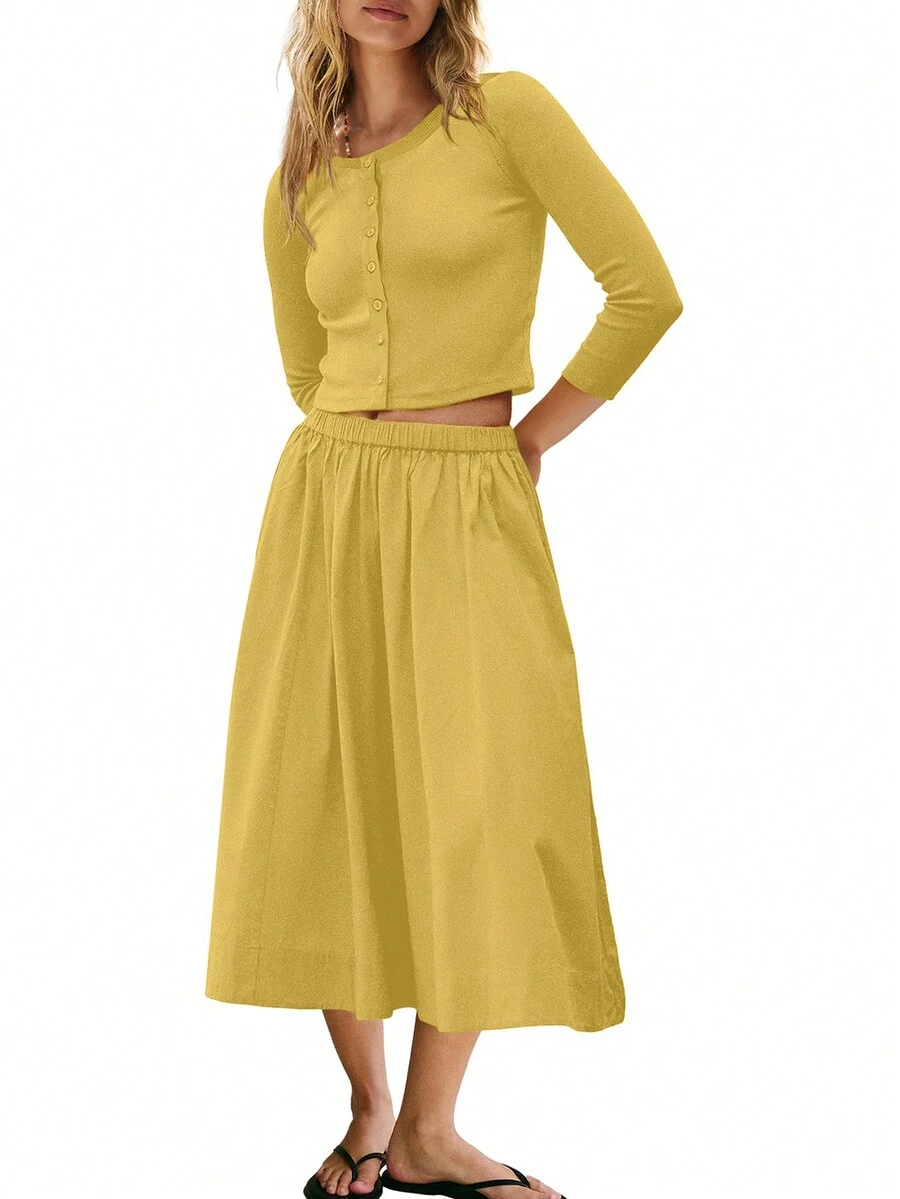 Women's Essential Casual Lightweight Three-Quarter Sleeve Knit Cardigan Elastic Waist Skirt Matching Two-Piece Set - Màu vàng - Xem 1