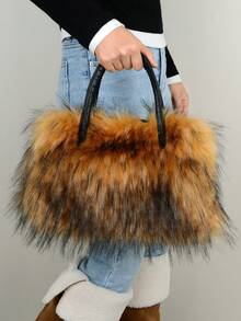 New Plush Wrist Strap Clutch Bag For Women, Spacious Faux Fur Fashion Handbag For Autumn/Winter - Camel - View 7