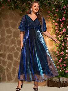 女士优雅渐变色鸡尾酒会礼服，正式高开衩长礼服，交叉荷叶边下摆，金属面料，适合正式活动、婚礼、毕业典礼、音乐会、春夏/秋季 - 藏蓝色 - 查看 1