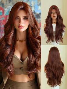 AKAKO 26 Inch Orange-Red Long Wavy Wig With Curtain Bangs, High Quality Heat-Resistant Fiber Synthetic Wave Curly Hair Wig, Gorgeous Goth Style Costume Wigs For Women Halloween Party Masquerade Ball,Music Festivals & Carnival Use - 橘色 - 查看 2