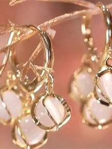 1 Pair Elegant Copper Tone Earrings With Faux Pearl Beads And Shimmering White Gems, Perfect Gift For Birthday, Christmas, Anniversary