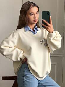 Livesso 女式字母印花落肩长袖休闲拼布羊毛卫衣，秋冬 - 杏色 - 查看 4